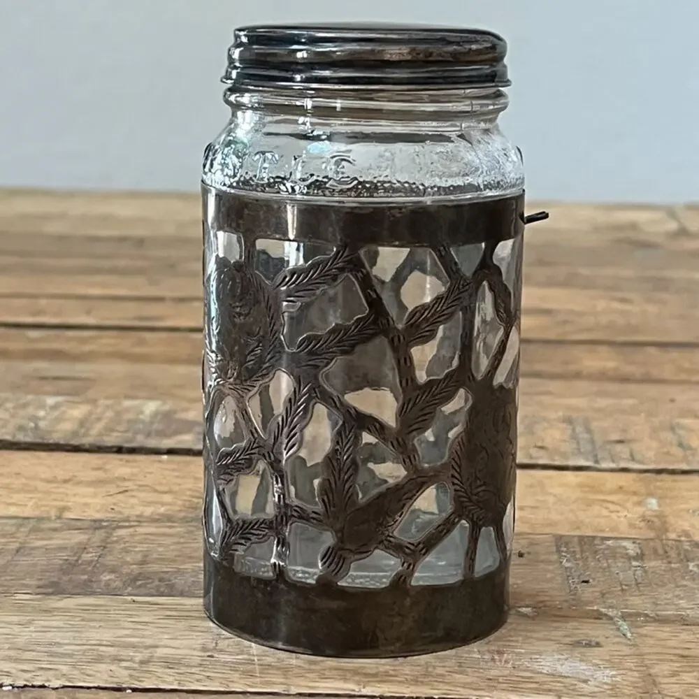 Vintage Nestle 925 Sterling Silver Glass Jar Floral Overlay 4.75